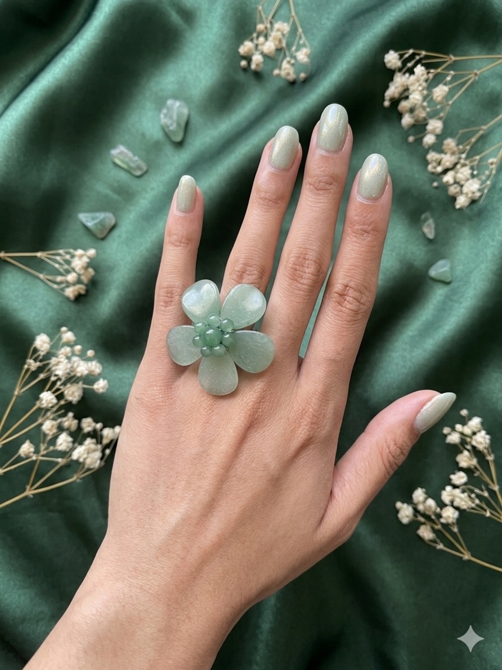 Boho-Chic Sage Green Floral Statement Ring